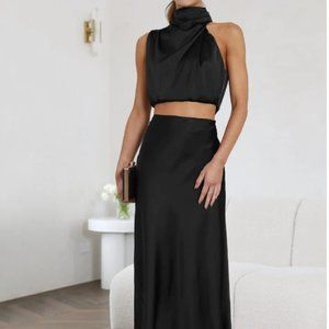 Satin Halter Ruched Two Piece Skirt Set